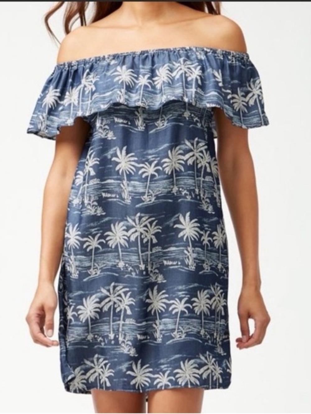 Tommy Bahama Blue Palm-Print Off-Shoulder Dress